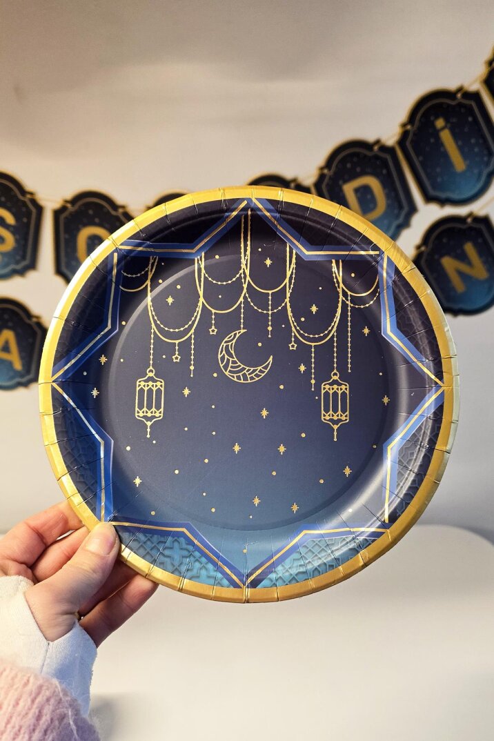 Lacivert Gold Varaklı Ramazan Tabak 8li Dini Motifli Ramazan Sofrası Karton Tabak - 2