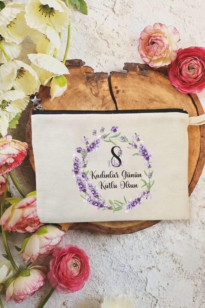 Lavanta Çiçekleri Tasarım 8 Mart Kadınlar Günü Hediyesi Astarlı Makyaj Çantası Clutch Çanta - 1