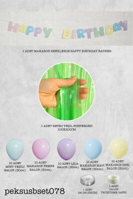 Makaron Balon Zinciri Seti Fon Perdeli Bannerlı Doğum Günü Makaron Balon Zincir Paketi - 2