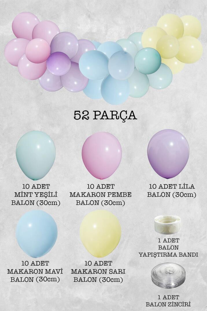 Makaron Gökkuşağı Konsept Balon Zinciri Unicorn Temalı Parti Balon Seti 52 Parça - 2