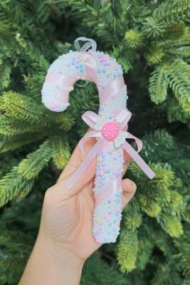 Makaron Renkler Baston Şeker Yılbaşı Ağaç Süsü Makaron Şekerli Kurdeleli Lüks Baston Şeker Çam Ağacı Süsü 18cm - 3