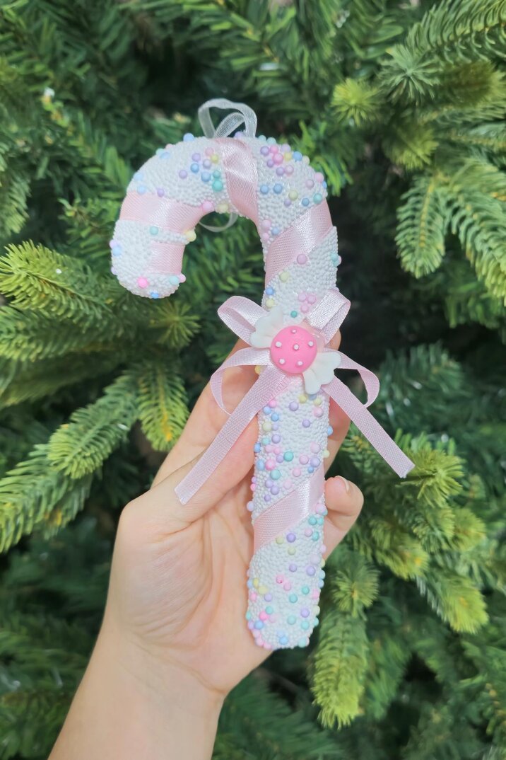 Makaron Renkler Baston Şeker Yılbaşı Ağaç Süsü Makaron Şekerli Kurdeleli Lüks Baston Şeker Çam Ağacı Süsü 18cm - 3