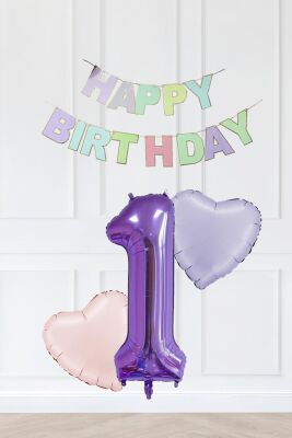 Makaron Renkler Doğum Günü Balon Seti Kalp Balonlu Mor Rakamlı Makaron Bannerlı - 1