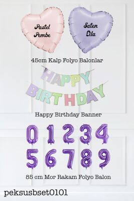 Makaron Renkler Doğum Günü Balon Seti Kalp Balonlu Mor Rakamlı Makaron Bannerlı - 2