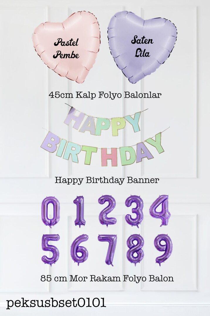 Makaron Renkler Doğum Günü Balon Seti Kalp Balonlu Mor Rakamlı Makaron Bannerlı - 2