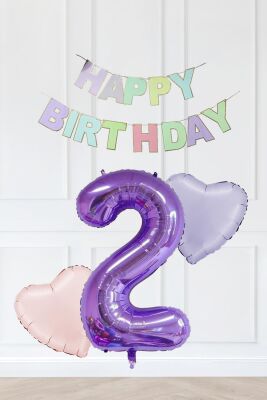 Makaron Renkler Doğum Günü Balon Seti Kalp Balonlu Mor Rakamlı Makaron Bannerlı - 3