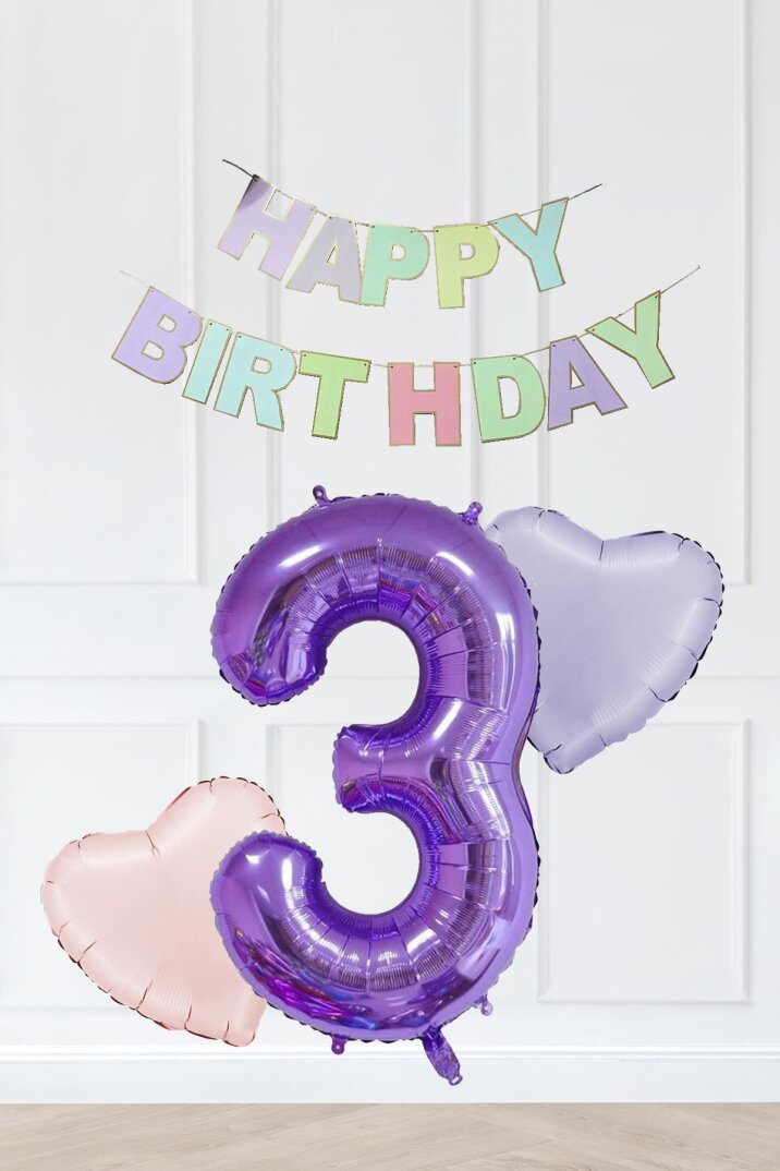 Makaron Renkler Doğum Günü Balon Seti Kalp Balonlu Mor Rakamlı Makaron Bannerlı - 4