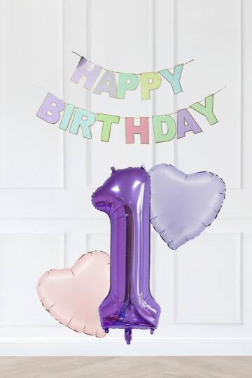 Makaron Renkler Doğum Günü Balon Seti Kalp Balonlu Mor Rakamlı Makaron Bannerlı - 1