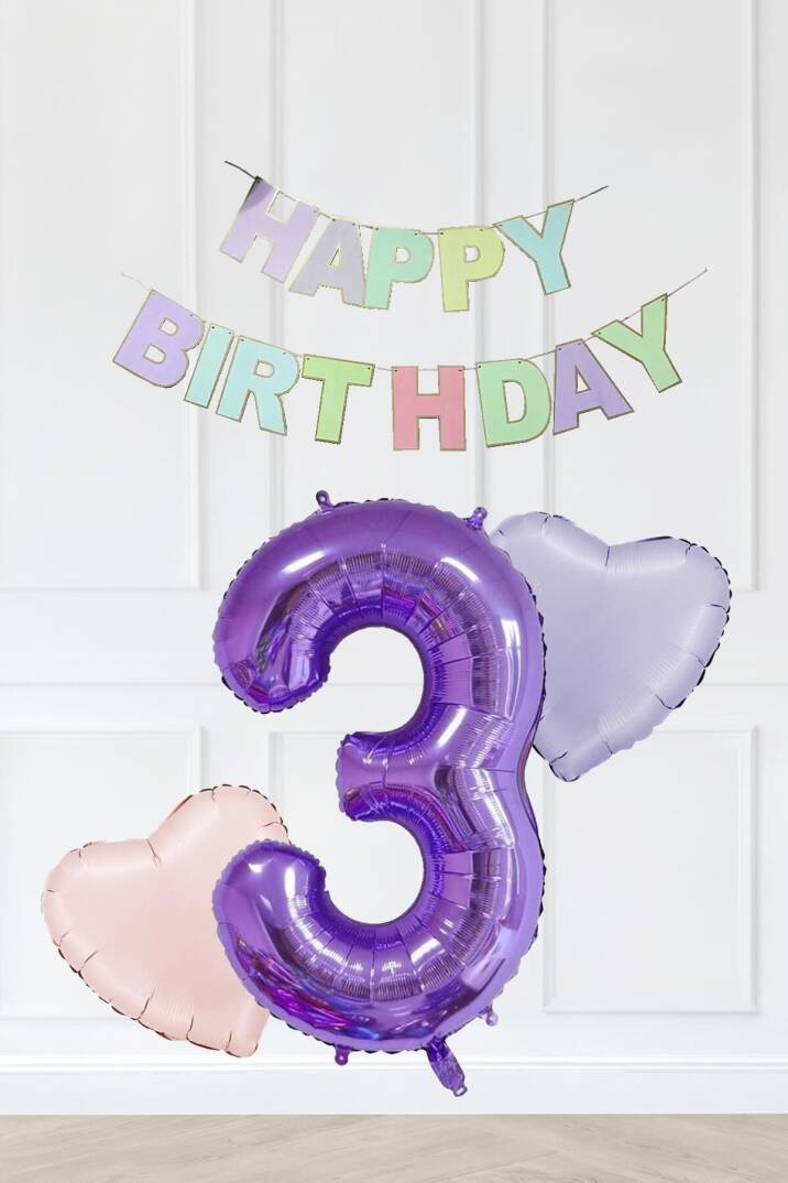 Makaron Renkler Doğum Günü Balon Seti Kalp Balonlu Mor Rakamlı Makaron Bannerlı - 4