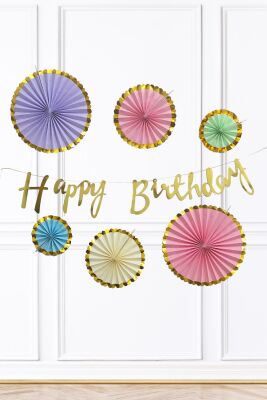 Makaron Renkler Gold Yaldızlı Yelpaze Süs Seti 6lı Gold Happy Birthday Bannerlı Paket - 1