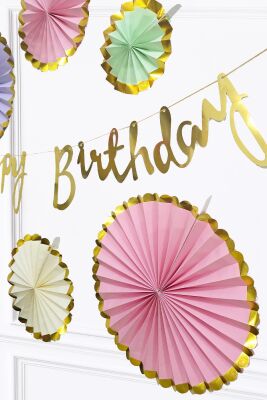 Makaron Renkler Gold Yaldızlı Yelpaze Süs Seti 6lı Gold Happy Birthday Bannerlı Paket - 2