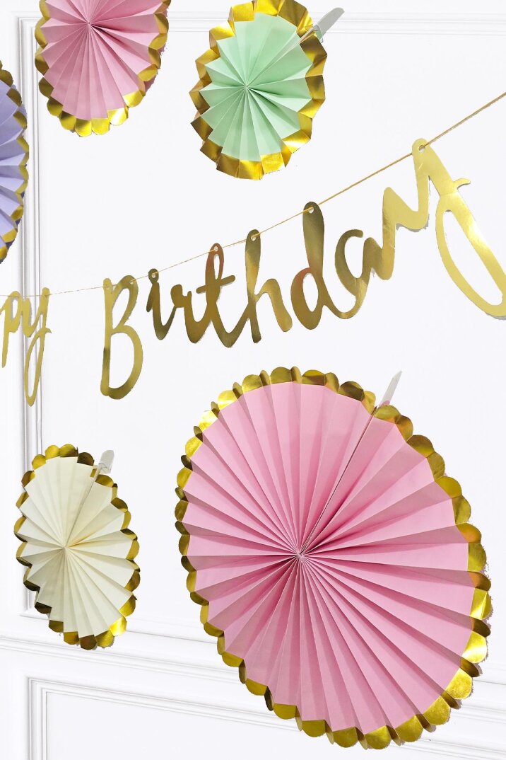 Makaron Renkler Gold Yaldızlı Yelpaze Süs Seti 6lı Gold Happy Birthday Bannerlı Paket - 2