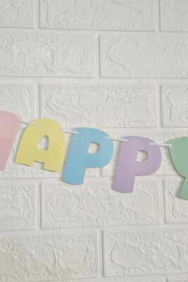 Makaron Renkler Happy Birthday Banner Büyük Harfler Doğum Günü Duvar Süsü - 3