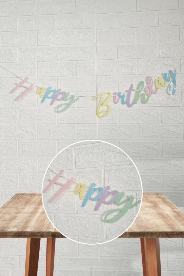 Makaron Renkler Happy Birthday Banner Kaligrafi El Yazısı Doğum Günü Duvar Süsü - 2