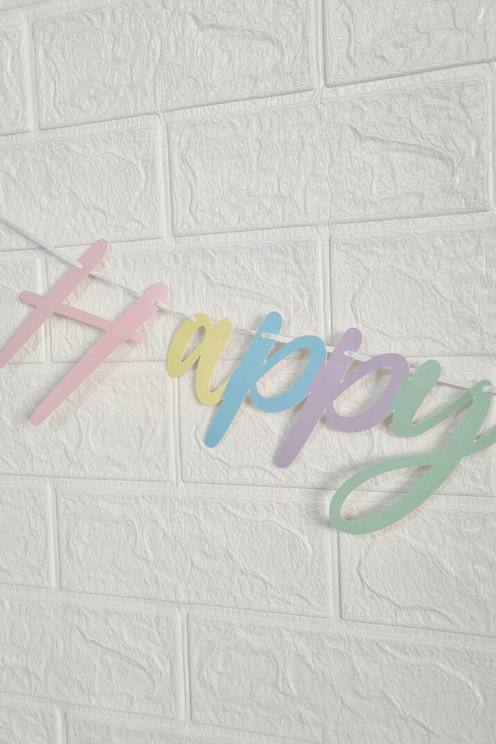 Makaron Renkler Happy Birthday Banner Kaligrafi El Yazısı Doğum Günü Duvar Süsü - 3