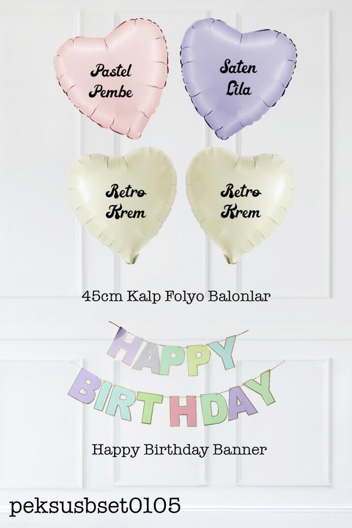 Makaron Renkler Happy Birthday Bannerlı Kalp Balonlu Doğum Günü Süsleme Seti - 2