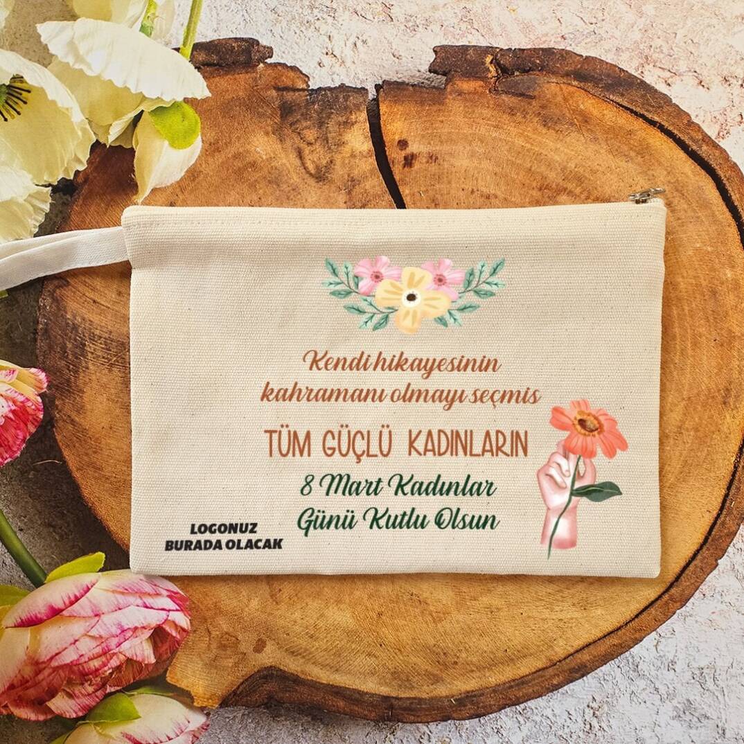 Makyaj Çantası 8 Mart Kadınlar Günü Logo Baskılı Turuncu Çiçekler - 1