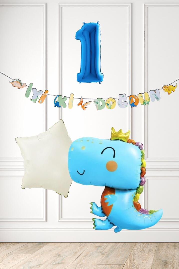 Mavi Dinazor Tema Doğum Günü Balon Süsleme Seti Bannerlı Mavi Yaş Balonlu Dinozor Balon Paketi - 1