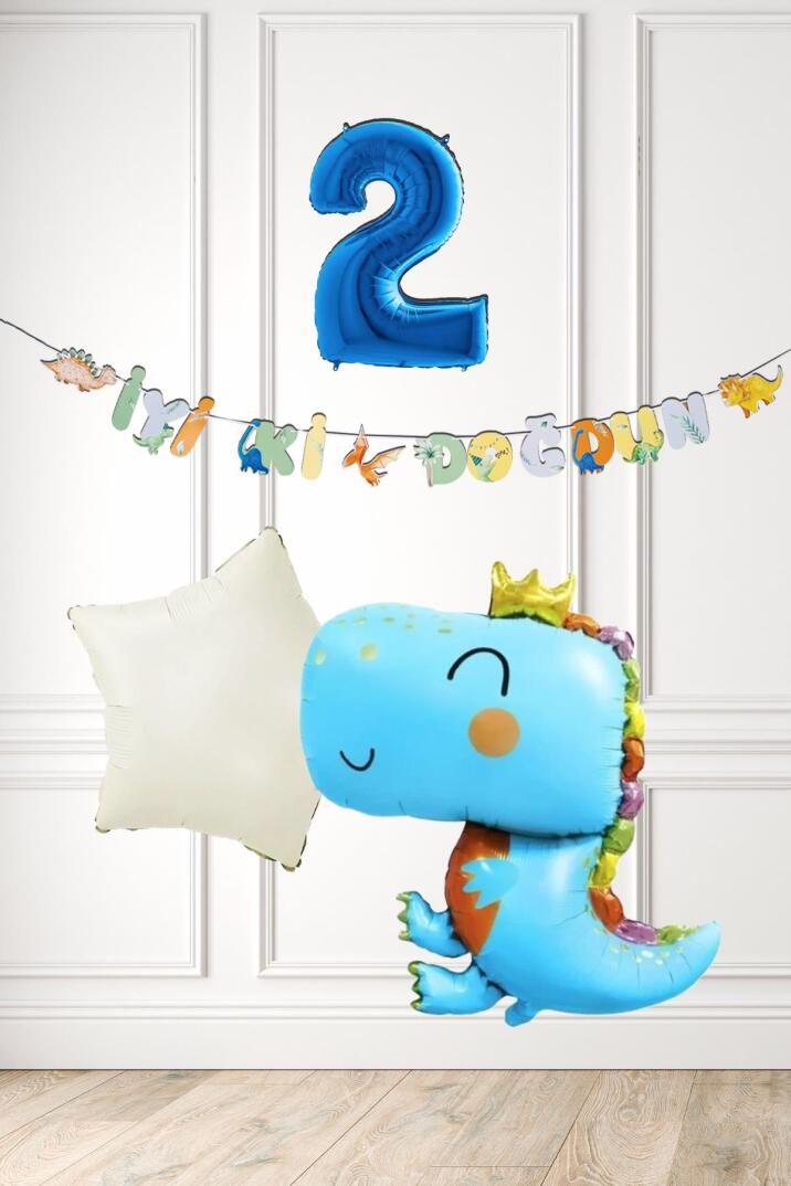 Mavi Dinazor Tema Doğum Günü Balon Süsleme Seti Bannerlı Mavi Yaş Balonlu Dinozor Balon Paketi - 3