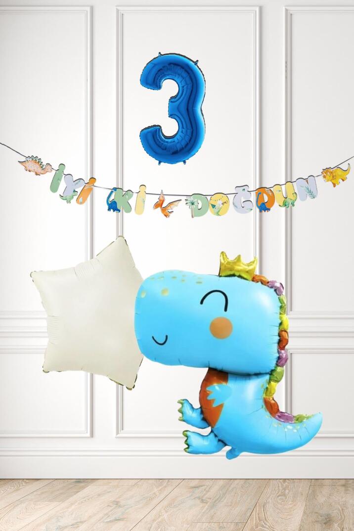 Mavi Dinazor Tema Doğum Günü Balon Süsleme Seti Bannerlı Mavi Yaş Balonlu Dinozor Balon Paketi - 5
