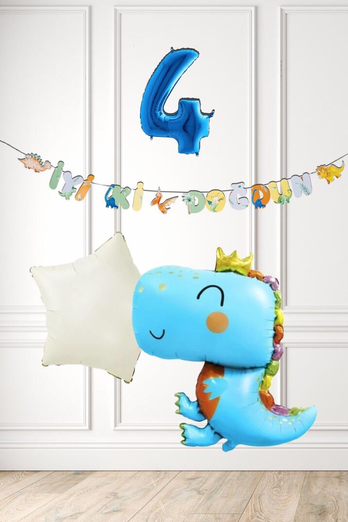 Mavi Dinazor Tema Doğum Günü Balon Süsleme Seti Bannerlı Mavi Yaş Balonlu Dinozor Balon Paketi - 7