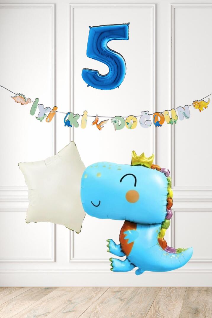 Mavi Dinazor Tema Doğum Günü Balon Süsleme Seti Bannerlı Mavi Yaş Balonlu Dinozor Balon Paketi - 9
