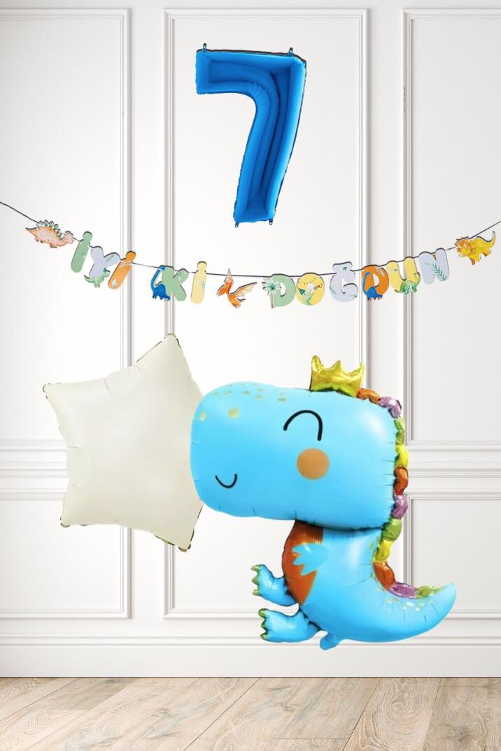 Mavi Dinazor Tema Doğum Günü Balon Süsleme Seti Bannerlı Mavi Yaş Balonlu Dinozor Balon Paketi - 13