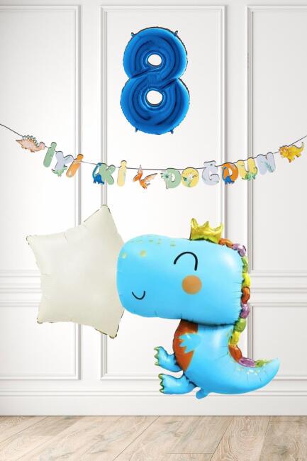 Mavi Dinazor Tema Doğum Günü Balon Süsleme Seti Bannerlı Mavi Yaş Balonlu Dinozor Balon Paketi - 15