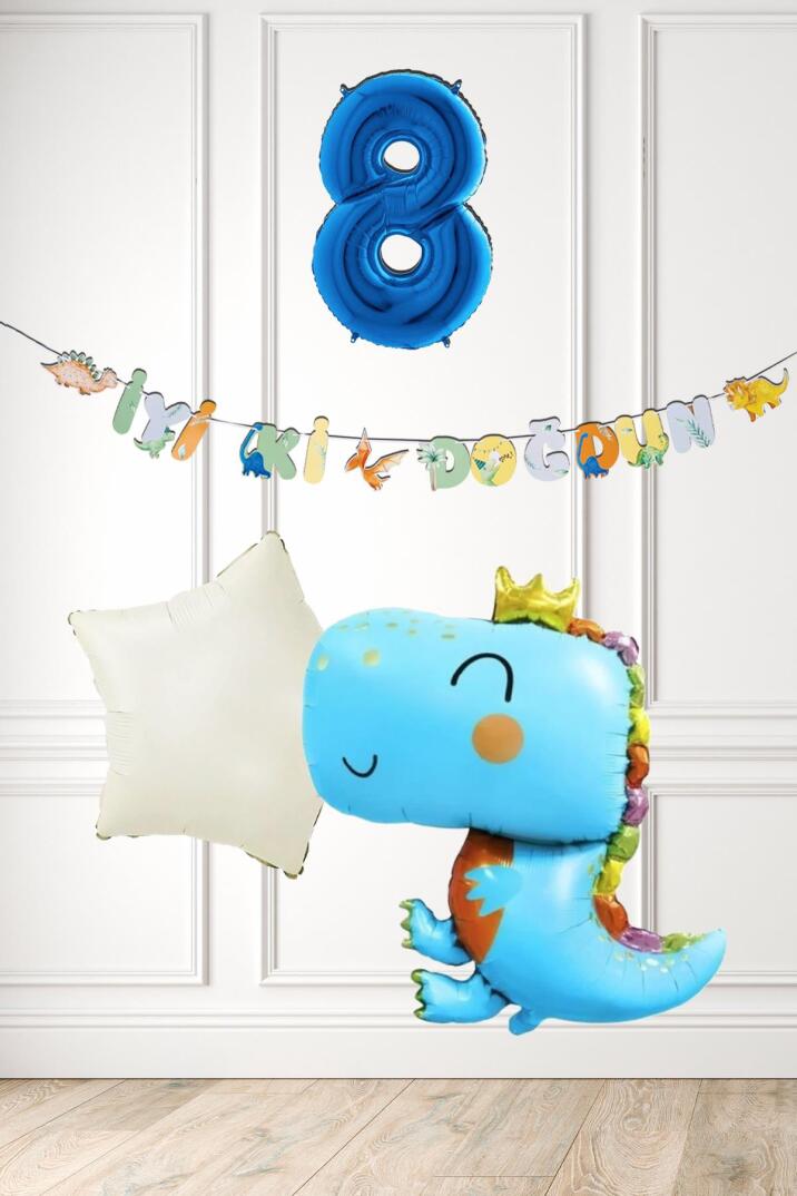 Mavi Dinazor Tema Doğum Günü Balon Süsleme Seti Bannerlı Mavi Yaş Balonlu Dinozor Balon Paketi - 15