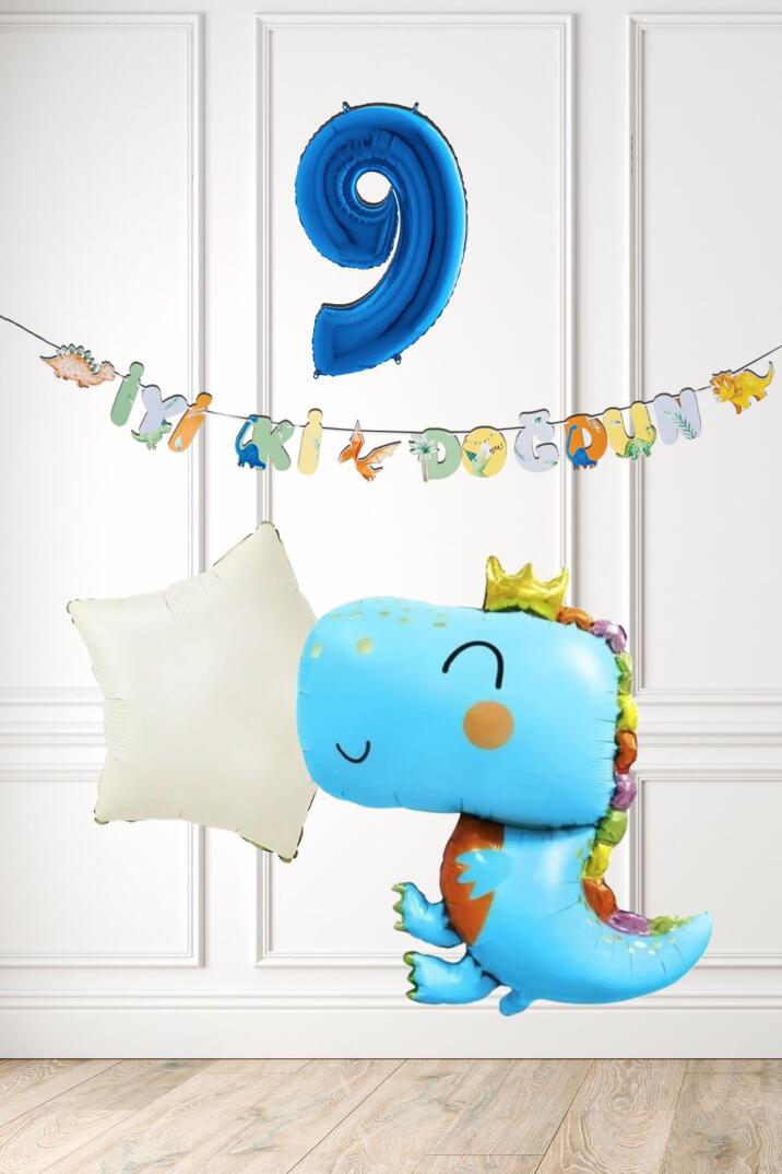 Mavi Dinazor Tema Doğum Günü Balon Süsleme Seti Bannerlı Mavi Yaş Balonlu Dinozor Balon Paketi - 17