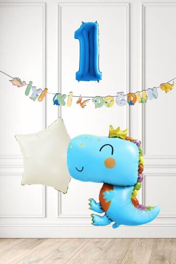 Mavi Dinazor Tema Doğum Günü Balon Süsleme Seti Bannerlı Mavi Yaş Balonlu Dinozor Balon Paketi - 1