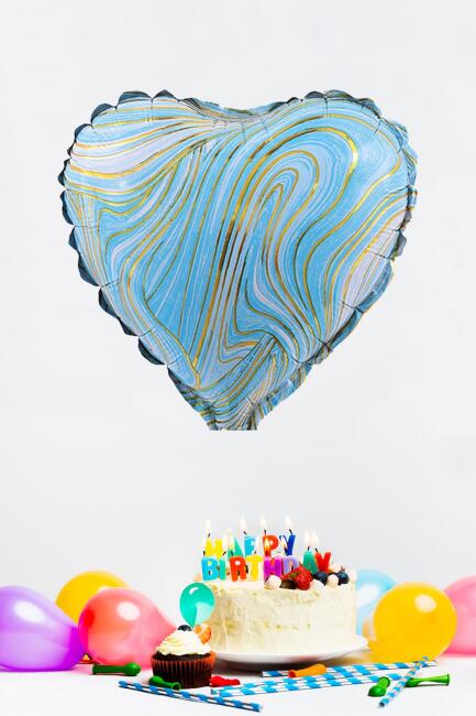 Mavi Mermer Kalp Folyo Balon Retro Balon Kalp Şekilli 18inç 45cm - 2