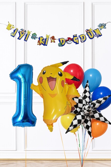 Mavi Yaş Balonlu Pikachu Tema Doğum Günü Balon Seti Set285
