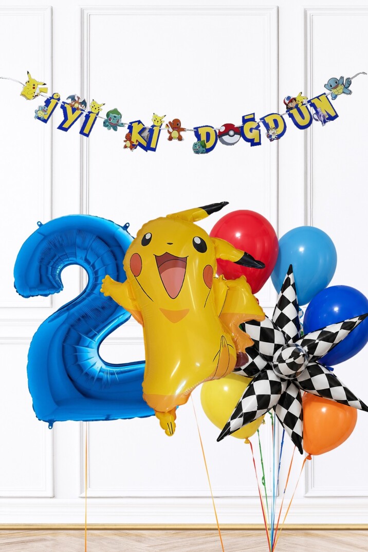 Mavi Yaş Balonlu Pikachu Tema Doğum Günü Balon Seti Set285 - 3