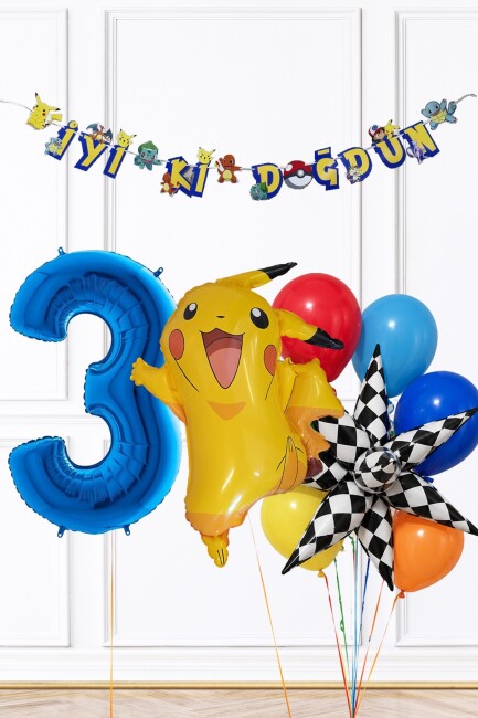 Mavi Yaş Balonlu Pikachu Tema Doğum Günü Balon Seti Set285 - 5