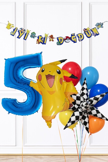 Mavi Yaş Balonlu Pikachu Tema Doğum Günü Balon Seti Set285 - 9