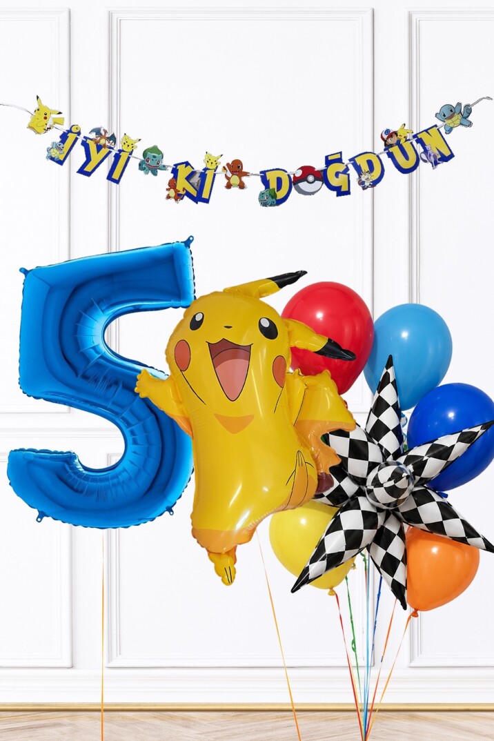 Mavi Yaş Balonlu Pikachu Tema Doğum Günü Balon Seti Set285 - 9