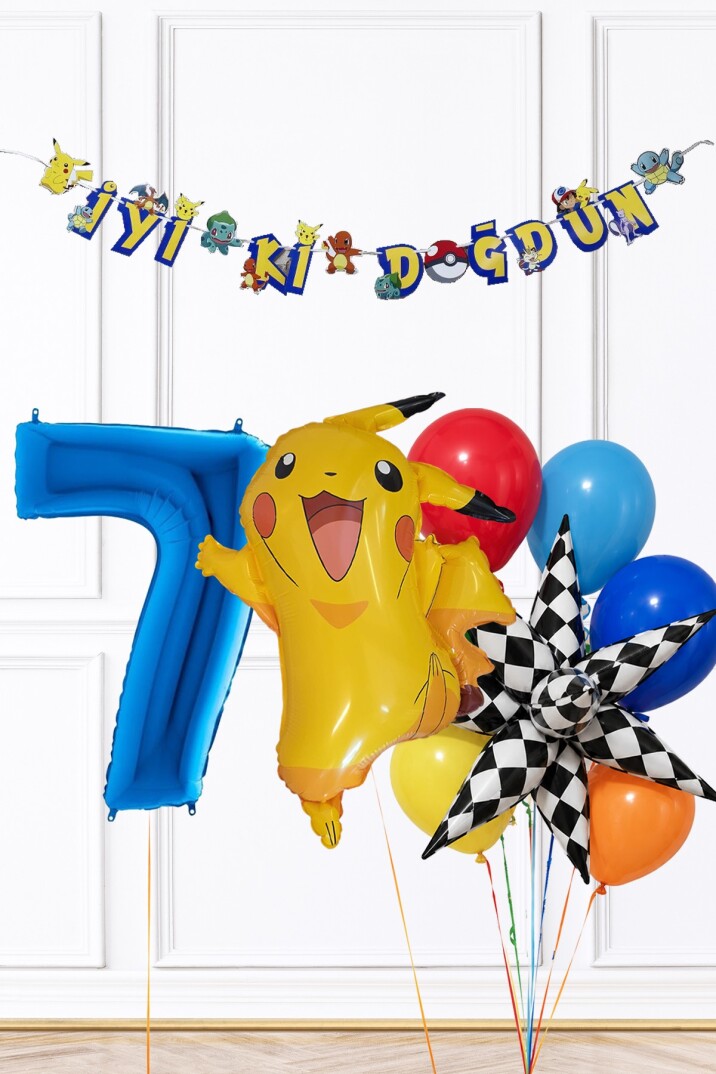 Mavi Yaş Balonlu Pikachu Tema Doğum Günü Balon Seti Set285 - 13