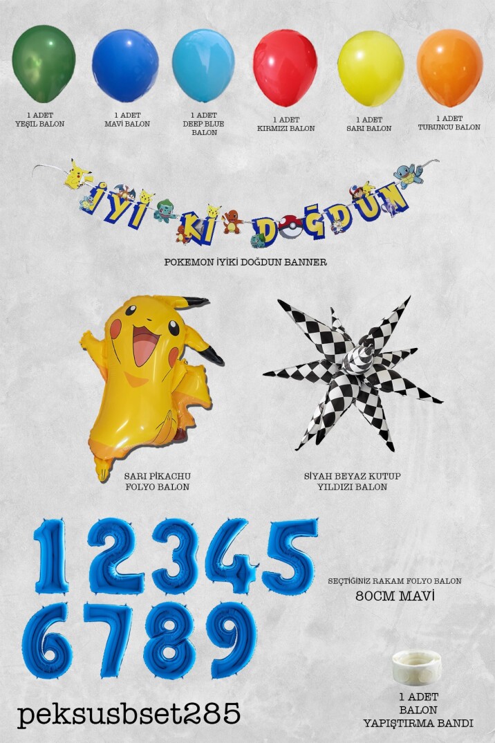 Mavi Yaş Balonlu Pikachu Tema Doğum Günü Balon Seti Set285 - 16