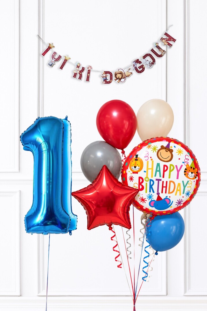 Mavi Yaş Balonlu Sirk Konsept Doğum Günü Balon Süsleme Seti Set281  - 1