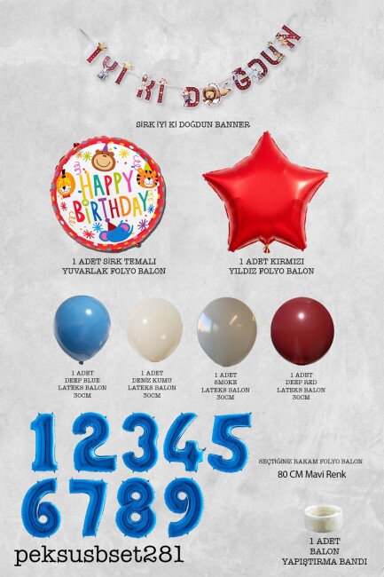 Mavi Yaş Balonlu Sirk Konsept Doğum Günü Balon Süsleme Seti Set281  - 6