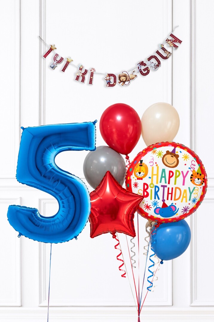 Mavi Yaş Balonlu Sirk Konsept Doğum Günü Balon Süsleme Seti Set281  - 9