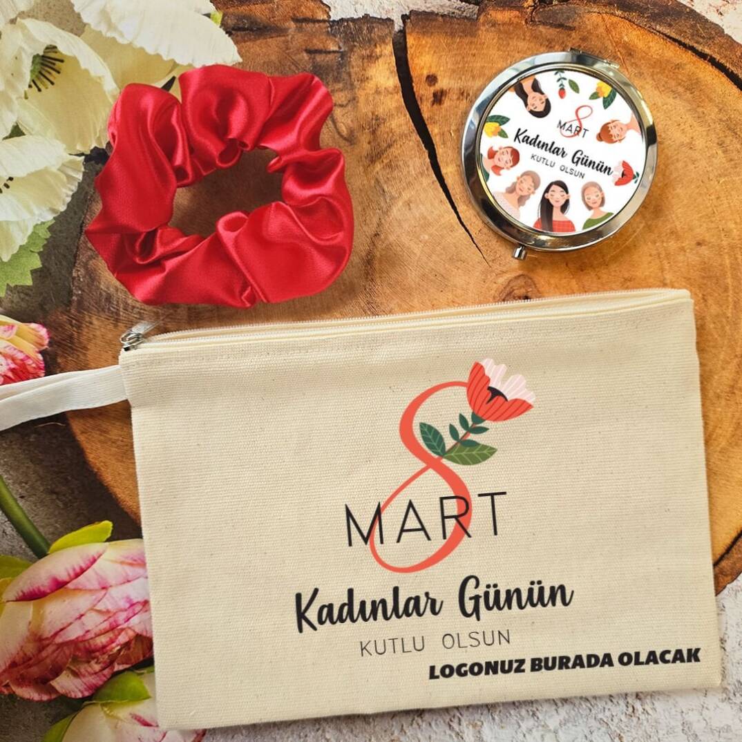 Metal Aynalı Kadınlar Günü Hediye Seti Kadın Figürleri 8 Mart Hediyelik Ayna Toka Çanta - 1
