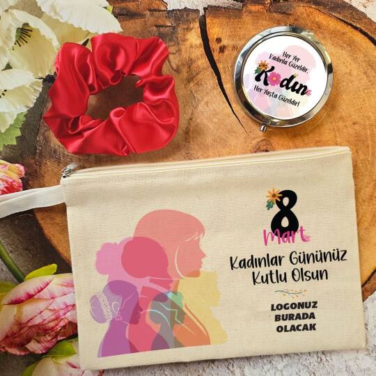 Metal Aynalı Kadınlar Günü Hediye Seti Renkli Kadınlar 8 Mart Hediyelik Ayna Toka Çanta - 1