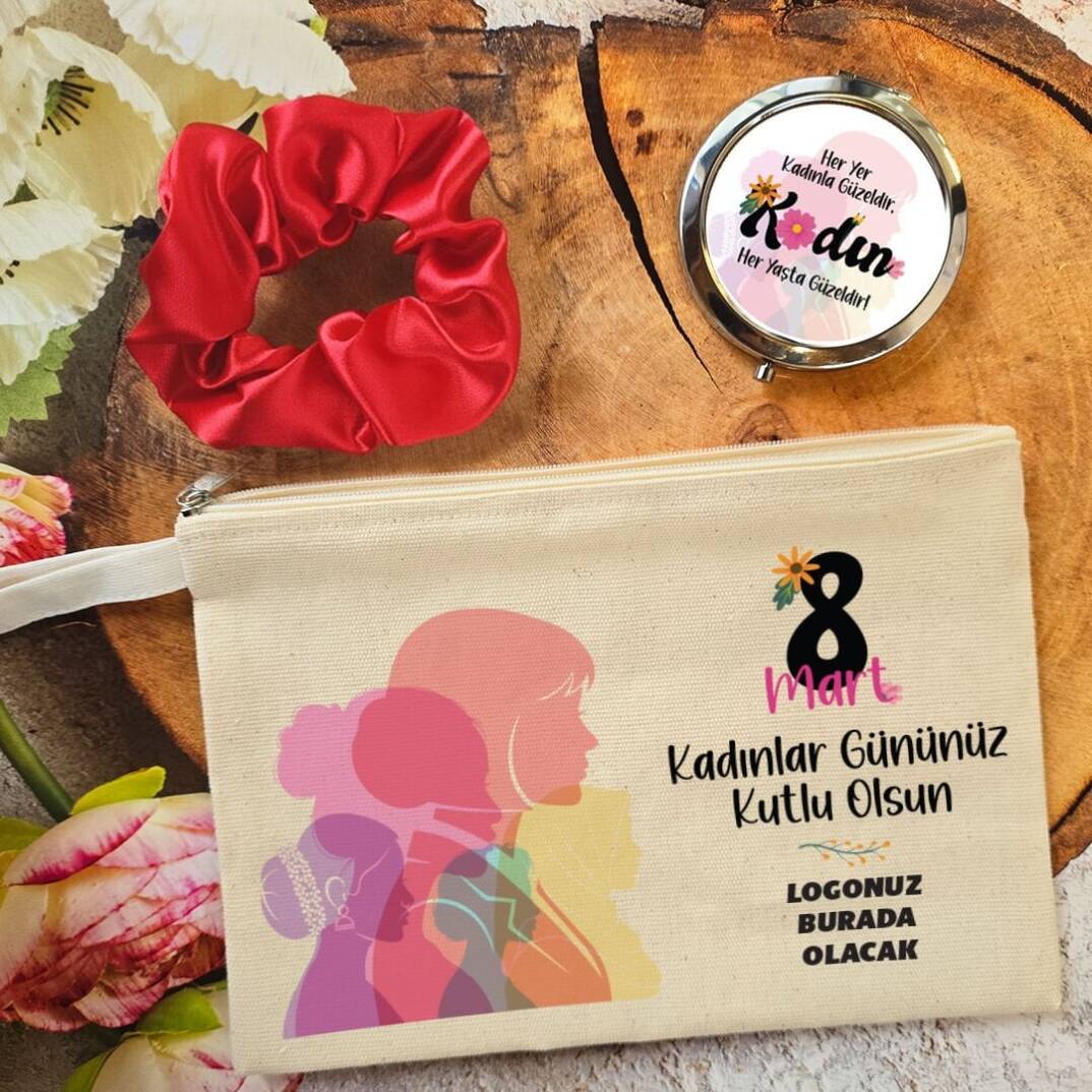 Metal Aynalı Kadınlar Günü Hediye Seti Renkli Kadınlar 8 Mart Hediyelik Ayna Toka Çanta - 1