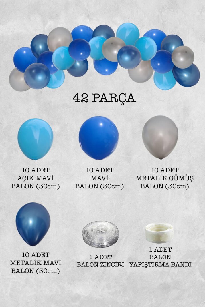 Metalik Mavi Gümüş Balon Zinciri 42 Parça - 2