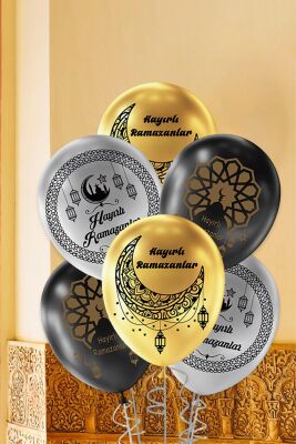 Metalik Renkler Ramazan Desen Baskılı 12inç Hoşgeldin Ramazan Balonları 10lu Paket - 2