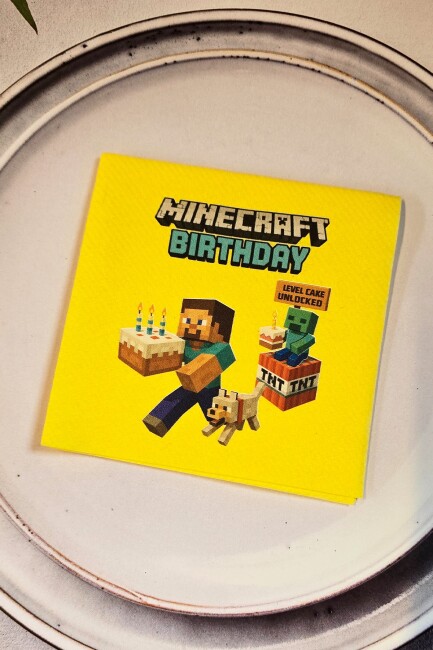 Minecraft Doğum Günü Peçetesi Sarı Kare Kumaş Dokulu 12 Adet - 2