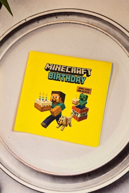 Minecraft Doğum Günü Peçetesi Sarı Kare Kumaş Dokulu 12 Adet