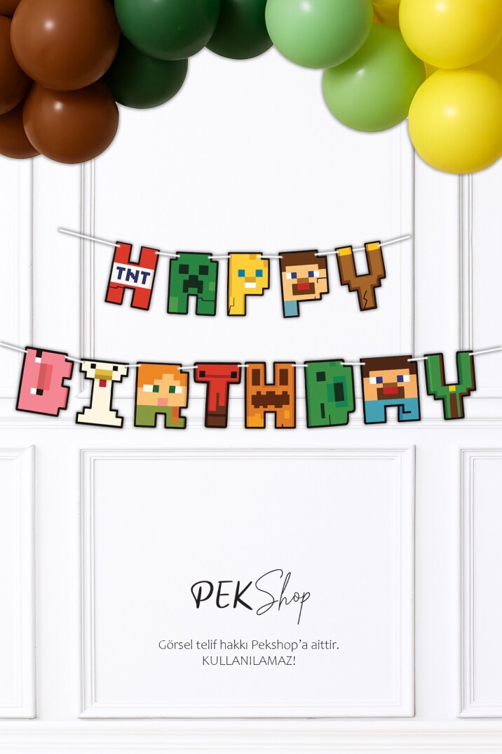 Minecraft Happy Birthday Banner Parti Süsleri İpe Dizili Duvar Süsü - 1